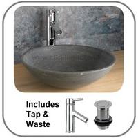 Black Limestone 40cm Circular Counter Mounted Basin With Pop Up and Tap Set