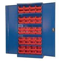 BLUE STORAGE CUPBOARDS AND 40 RED BINS