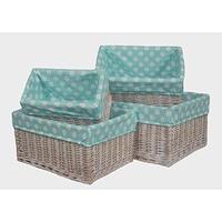 Blue Spotty Lined Wicker Open Storage Baskets Set of 4