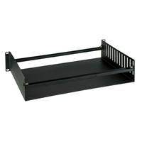 Black Powder Coated High Quality 2U Steel Rack Tray with Adjustable Equipment Clamps. With 2 Self Adhesive Anti-Slip Strips, 4 x Rack Screws and 4 x C