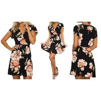 Black Floral Print Wrap Dress - 4 Sizes