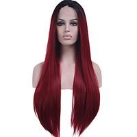 Black Root Synthetic Hair Fiber Wigs Long Straight Hair Heat Resistant Two Tone Ombre Black/Dark Wine Synthetic Lace Front Wig With Adjustable Strap