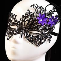 Black Sexy Lady Lace Mask Cutout Eye Masquerade Party Fancy Dress Costume with Purple Flower