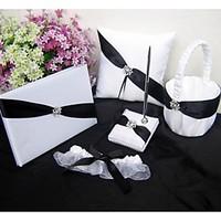 Black Satin Ribbon Uest Book Set, Ring Pillow, Flower Girl Basket, Garter(Set 5)