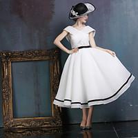 Black Tie Gala Dress Ball Gown V-neck Tea-length Lace / Spandex with Lace / Ruffles / Sash / Ribbon