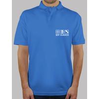 blue polo shirt with white logo