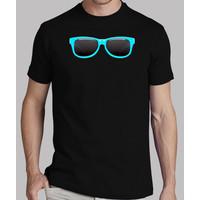 black shirt turquoise glasses