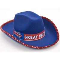 blue hat with union jack band string neck cord