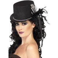 black top hat with skeleton hand feathers and ribbons
