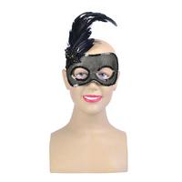 Black Beaded Eye Mask With Side Feather