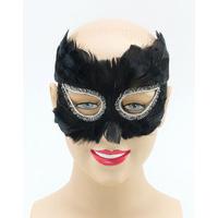 Black Feather Eye Mask With Silver Trim