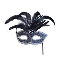 Black Silver Trim Eye Mask With Feathers On Stick
