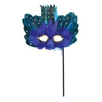 Blue Green Feather Eye Mask On Stick