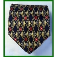 blue with a gold red floral and feather pattern tie