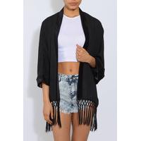 black satin trim fringe kimono