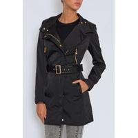 Black Belted PU Trim Trench Coat