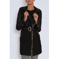 Black Textured PU Sleeved Trench Coat