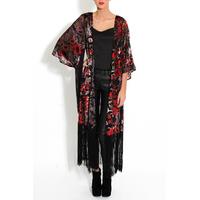 black floral fringe velvet kimono