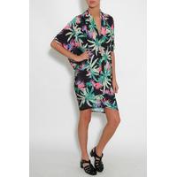 Black Tropical Print V Neck Kimono