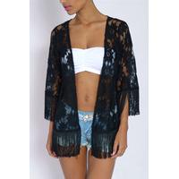 Black Floral Lace Fringe Kimono