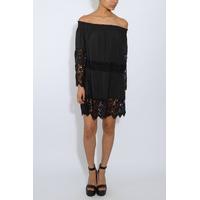 black bardot crochet trim dress