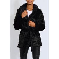 Black Soft Faux Fur Belted Coat