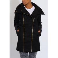 black double zip pu trim coat