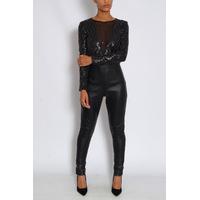 Black Long Sleeved Sequin & PU Jumpsuit