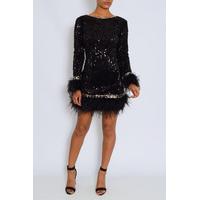 black sequin feather trim shift dress