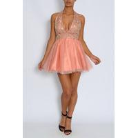 blush pink plunge halterneck skater dress