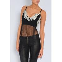 black embellished fringed crop top