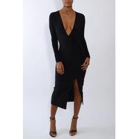 black long sleeve slinky midi dress