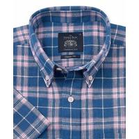 Blue Pink White Windowpane Check Casual Fit Short Sleeve Shirt M Short Sleeve - Savile Row