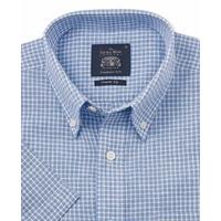 Blue White Linen Blend Casual Fit Short Sleeve Shirt L Short Sleeve - Savile Row