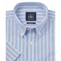 Blue White Variagated Stripe Casual Fit Short Sleeve Shirt L Short Sleeve - Savile Row