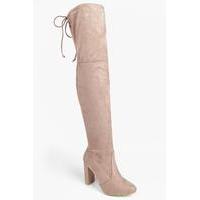 Block Heel Lace Up Back Over Knee Boot - mocha