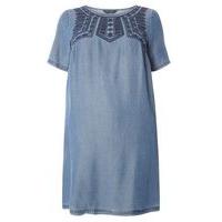 Blue Tencel Embroidered Tunic Dress, Blue