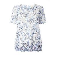 Blue And Ivory Floral Embroidered Hem T-Shirt, Blue