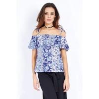 BLUE PAISLEY FRILL BARDOT TOP