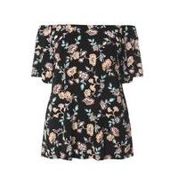 Black Floral Print Gypsy Bardot Top, Black