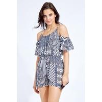 blue tile print ruffle playsuit