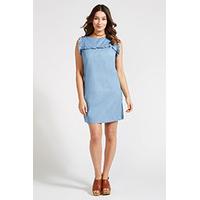 Blue Denim Look Ruffle Trim Shift Dress