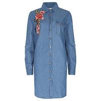 blue denim look embroidered roses shirt dress