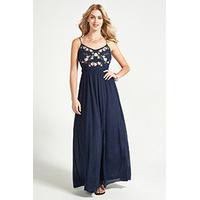 Blue Denim Look Embroidered Roses Maxi Dress