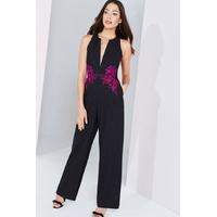 Black And Berry Embroidered Waist Jumpsuit