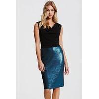 black cowl neck sequin skirt dress