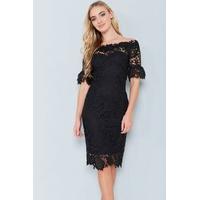 Black Floral Crochet Lace Bardot Dress