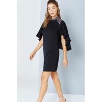 Black Cape Sleeve Dress With Embellishment