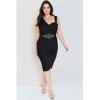 Black Ruched Midi Dress With Embellished Waist