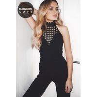 black high neck crochet jumpsuit